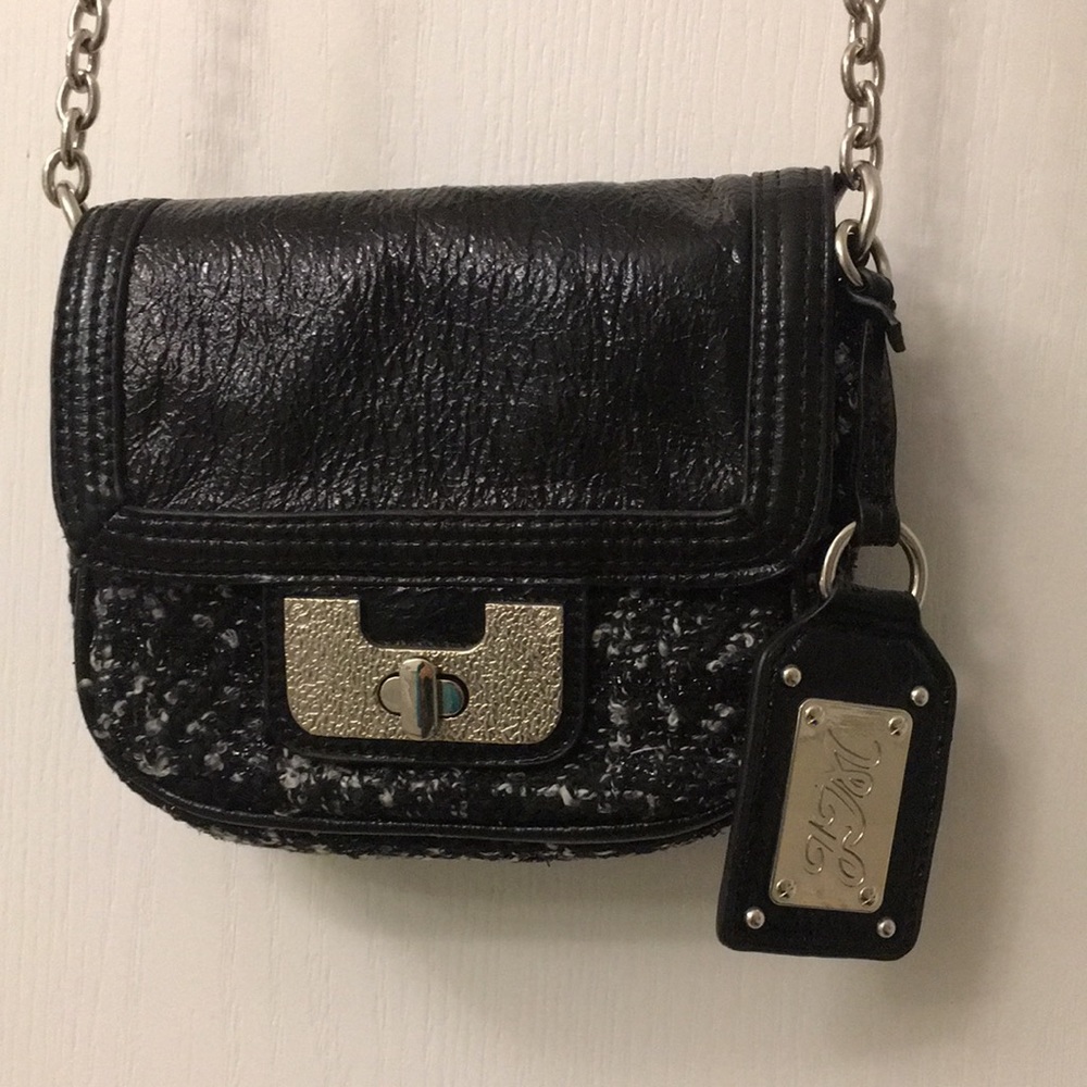 Black and White Tweed and Black Patent Bag